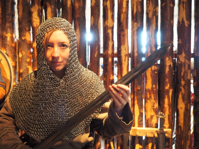 Lovely Leigh in a surprisingly heavy chain mail hood